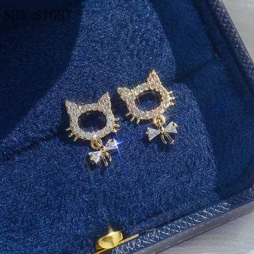 Japanese&Korea new design crystal cat stud earrings for women fashion brand jewelry gift cute bowknot earrings