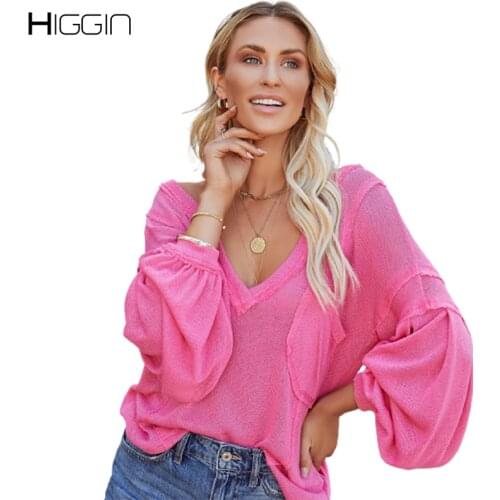 Candy Colors Women Knitwear Deep V Neck Lantern Sleeve Knitte T Shirt Lady Fashion Tee Top Female Loose Sexy T-Shirt 2021 Autumn