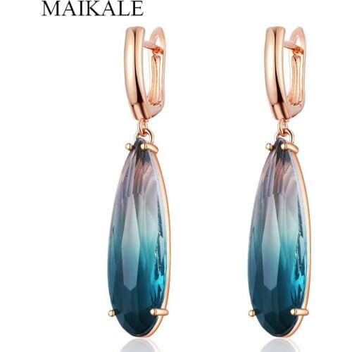MAIKALE High Quality Zirconia Long Earrings for Women 585 Rose Gold Big Water Drop Dangle Earring Fashion Jewelry 2021 Wholesale