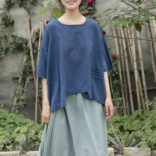 Johnature Women Vintage Cotton Linen T-Shirts Fold Tops Navy Blue O-Neck Half Sleeve Tees 2021 Summer New Loose Irregular Tshirt