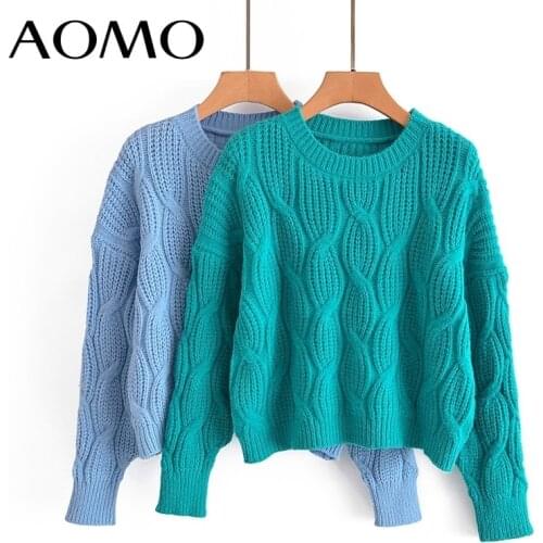 AOMO Women 2021 Fashion Twist Crop Knitted Sweater Jumper O Neck Female Elegant Oversize Pullovers Chic Tops 3A163A