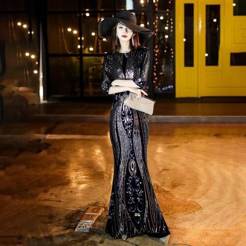 Women Sexy Navy Blue Banquet Dresses Exquisite Sequins Mermaid Evening Party Dress Tassel Floor Length Qipao Robe De Soiree
