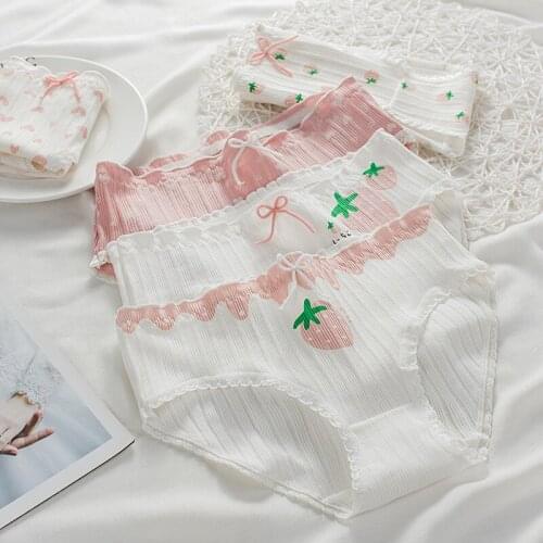 Female Sexy Lace Lingerie Temptation Mid-waist Panties For Women Transparent Strawberry Print Briefs Sweet Girls Underpants
