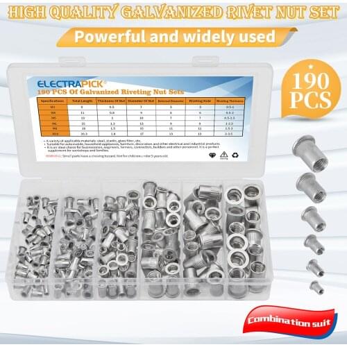190pcs Zinc Plated Rivetnuts Blind Set Nutserts Threaded Insert Nutsert Cap Flat Head Rivet Nuts Carbon Steel M3 M4 M5 M6 M8 M10