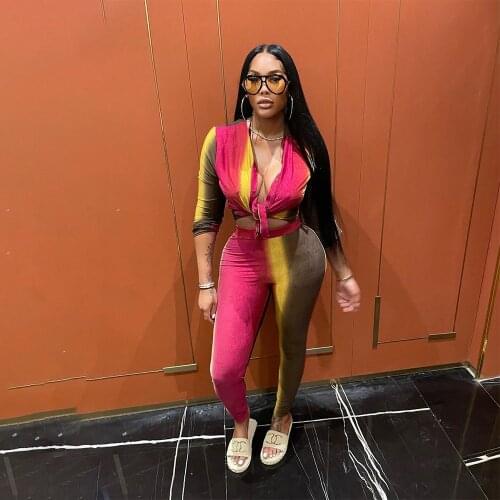 2021 Best Quality Famous Brand 2 pcs Women Set Gradient Turn-down Collar Blouse Long Pants Sexy Club Outfits