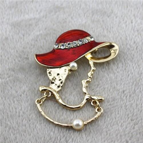 2020 Free shipping European and American retro style Enamel painted red sun hat hollow portrait fashion brooch