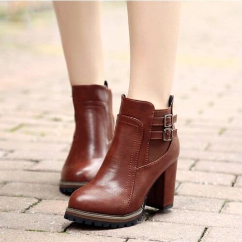 2019 Spring Fashion Women Martin Boots Women Ankle Boot Zipper High Hoof Heel Buckle Punk Motorcycle Boots Shoes Woman Black 753