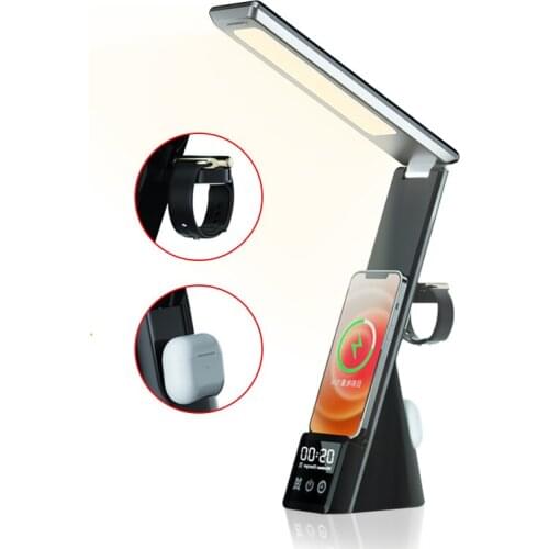 3 in 1 Wireless Chager Stand LED Desk Lamp With Alarm Clock Eye Protect Table Light15W Fast Charging for iPhone 12/11Pro iWatch