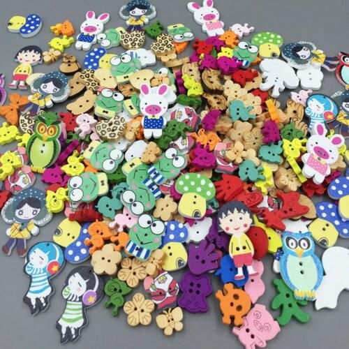 DIY 100pcs Mixed Cartoon Animal Girl Wooden Sewing Buttons Decoration Crafts 15-40mm Crafts