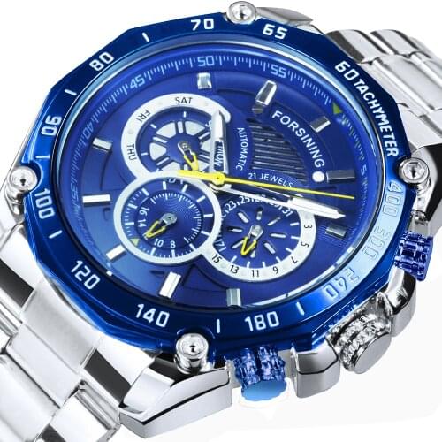 Forsining 2021 New Blue Design Complete Calendar 3 Small Dial Fashion Stainless Steel Automatic Watches for Men Mechanical Watch