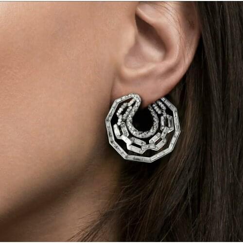 HIBRIDE Luxury 3 Rows Geometric Stud Earring For Women Wedding Luxury Full Cubic Zircon Dubai Bridal Jewelry E-650