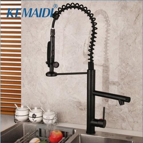 KEMAIDI Matte Black Tall Spring Kitchen Faucets Pull Down Sprayer Kitchen Faucet Hot Cold Water Mixer Tap 360 Rotation Crane