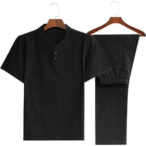 Summer Men Solid Color Casual Outfit Chinoiserie Two Piece Short Sleeve Shirt Drawstring Pants Set Overalls Set Men Tracksuit