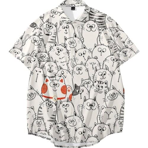 Hot Selling Male Vintage Shirts Fashion Mens Casual Button Hawaii Cute Cat Print Beach Short Sleeve Quick Dry Top Blouse XXS-6X