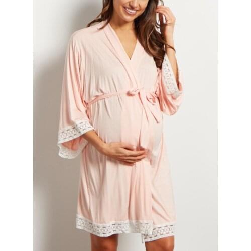 Best selling solid color maternity dress lace stitching seven-point sleeves with cardigan breastfeeding robes pajama