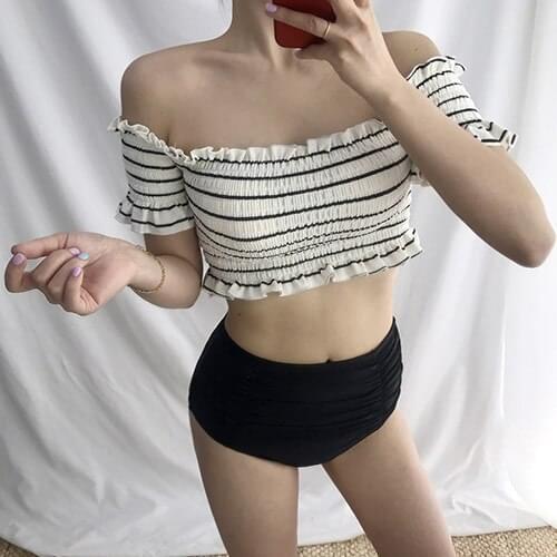 2021 New Korean Sexy Biquini Micro Bathing Two Piece Suit Off Shoulder Swimsuit High Waist Swimwear Women Brazilian Bikini