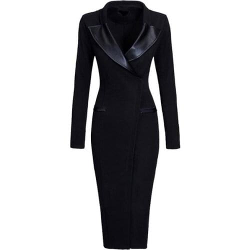 PU Leather Spliced Slim Fit With Side Zipper Knee-Length Dress In Spring Button Solid Sheath Long Sleeves Woman Dress