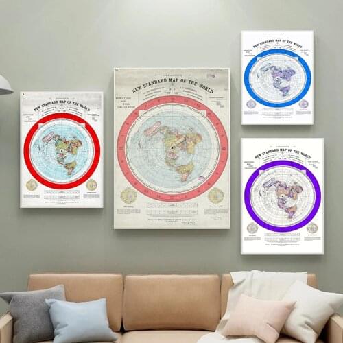 Printed 1892 Flat Earth Map Movie World Map Modern Canvas Painting Art Wall Picture for Living Room Home Decoration Frameless