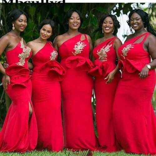 Mbcully Gorgeous African Red Bridesmaid Dress 2020 Mermaid One Shoulder Wedding Guest Dresses Applique Lace vestido madrinha