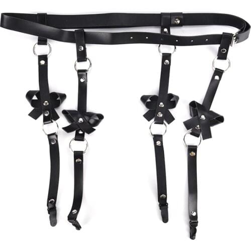 Sexy Women Men Leather Waist Garter Belt For Stockings Bow Handmade Punk Costume