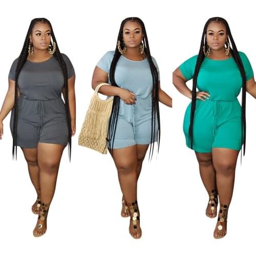 Plus Size Summer Women Sport Playsuit Short Sleeve O-neck Playsuits Short Jumpsuit Romper Overalls Solid Color Outfits Clothing