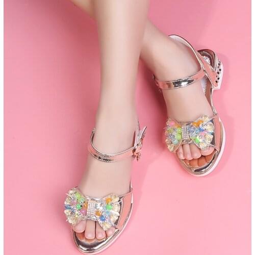 Gold Silver Pink Spring Summer Girls Sandals Crystal princess Shoes Kids Shoes Sandals chaussure fille 4 5 6 7 8 9 10 11-15T