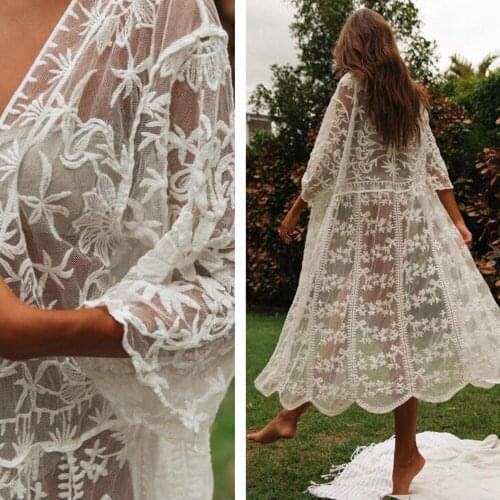 Sexy Bikini Cover Up Summer Women Floral Lace Crochet Kimono Swimwear Cardigan Wrap Beachwear Long Cover-Ups Summer Beachwear
