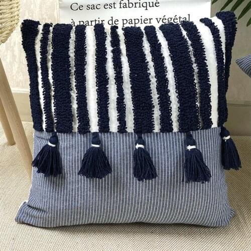 Bohemian Tassel Cushion Cover 45X45cm/30X50cm Striped Tufted Pillowcase Blue Handmade Pillow Case for Sofa Living Room Bed
