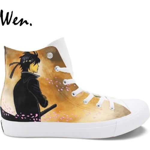 Wen Design Hand Painted Custom Shoes Anime Gintama Sakata Gintoki Canvas Sneakers Unisex High Top Boy Skateboarding Shoes