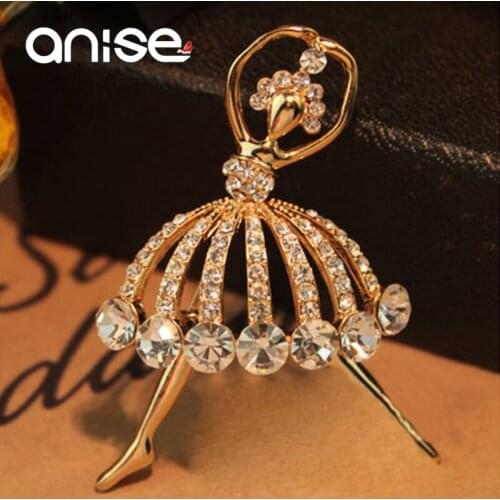 Anise Luxury Crystal Ballet Dancer Brooch Pins Elegant Women Girls Gold Color Ballerinas Brooches Clothing Collar Needle Jewelry