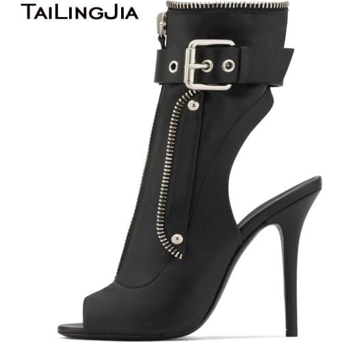 Hot Fashion Black Peep Toe Slingback High Heel Ankle Boots Front Zipper Buckle Strap Boots Ladies Summer Heels Punk Woman Boots