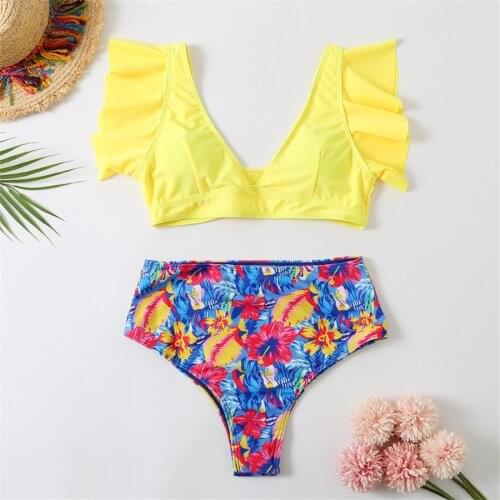 2020 Mujer High Waist Bikini Print Swimwear Women Bathing Suit Women Brazilain Biquini Ruffle Swimming Suit Bikinis Beachwear