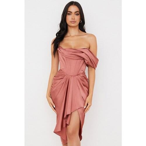 2021 Summer Pink Sexy One Shoulder Pleated Vintage Satin Dress Casual Slim Women Party Dresses Vestidos De Festa Club Robe 70216