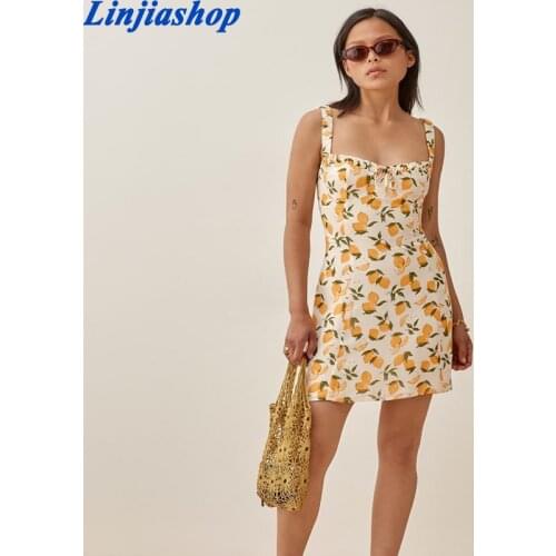 2021 Summer Women French Lemon Print Slim Dress Sleeveless Backless Female Lace-up Bow Mini Strap Dress Vestidos