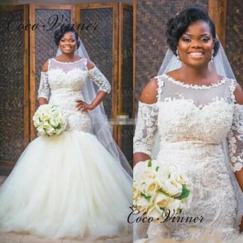 Half Sleeves Fashion Design Mermaid Wedding Dress 2021 Lace Appliques Pearls and Crystal beading Elegant Wedding Gown W0842