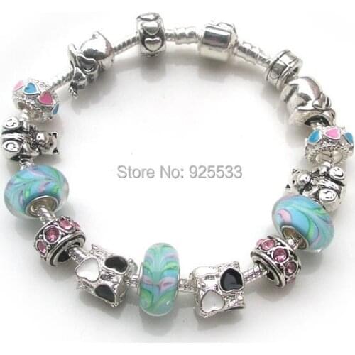 Free shipping 17-21cm silver plated copper snake chain & alloy rhinestone big hole charms light blue glass bead fashion bracelet