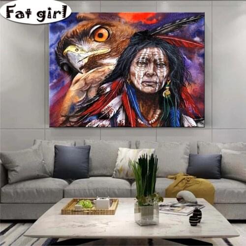 Decoration Poster 5D Diamond Painting Diy Cross Stitch Indian Woman And Eagle Full Square Round Drill Embroidery Mosaic Handmade