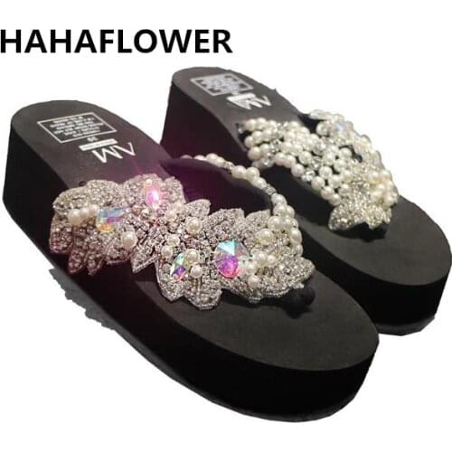 HAHAFLOWERsummer women sandals shiny diamond crystals handmade pearl slip on sandal slides bohemia slippers wedge platform heels