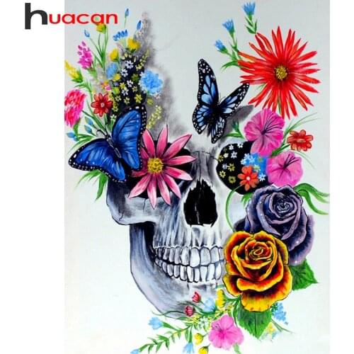 Huacan 5D DIY Diamond Painting Full Drill Square Skull Flower Diamond Embroidery Portrait Mosaic Needlework Home Decor