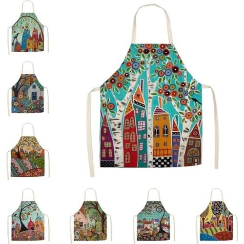 Linen Simple and Beautiful Country Oil Painting Print Kitchen Aprons Unisex Dinner Party Cooking Bib Funny Pinafore Cleaning
