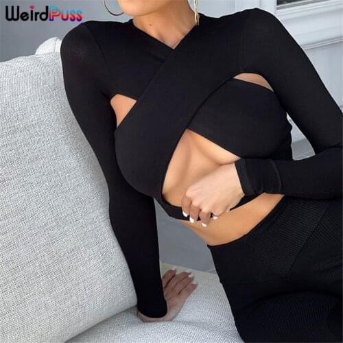 Weird Puss Matching Set Women Fitness Cross Hollow Long Sleeve Crop Top+Pants Sporty 2 Piece Set Skinny Elastic Tracksuit Outfit