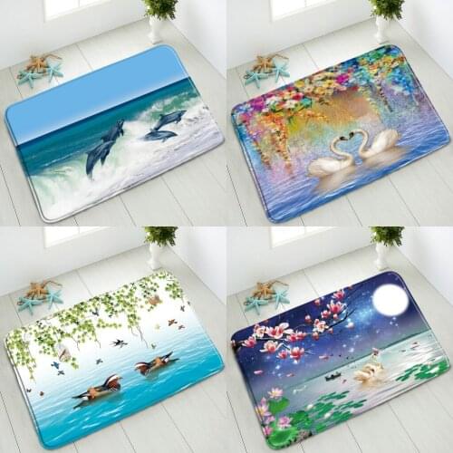 Ocean Animals Non-Slip Bathroom Mat Turtle Dolphin Whale Couple Geese Flower Green Leaf Indoor Entrance Doormat Washable Carpet
