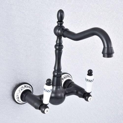 Black Oil Rubbed Brass Bathroom Kitchen Sink Basin Faucet Mixer Tap Swivel Spout Wall Mounted Dual Ceramic Handles msf711