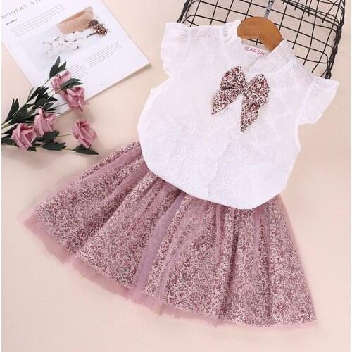 Girls Summer Sweet Dress Sets Toddler Bowknot Petals Sleeve T-Shirt Floral Mesh 2-6 Years