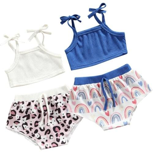 Infant Baby Girl’s Summer Two Piece Set Fresh Solid Color Suspender Tops and Printing Short Pants