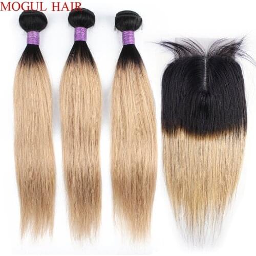 Mogul Hair 3 Bundles with Closure 200g/set Ombre Honey Blonde Black Straight Hair Weave 12-22 inch Remy Human Hair Extensions