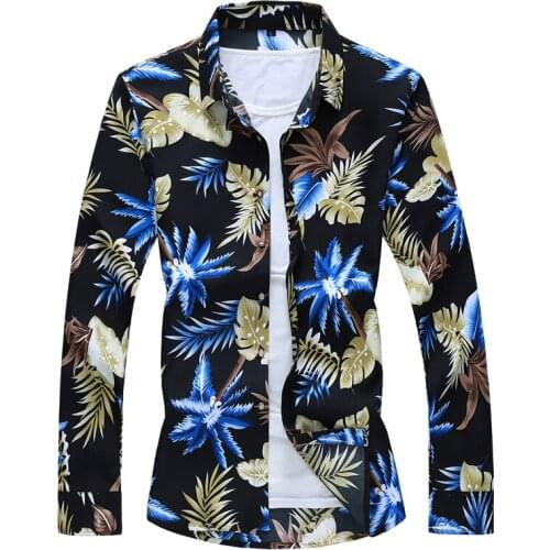 Male Hawaiian Beach Casual Shirts Plus Size 6Xl 7Xl 2021 Mens Autumn Flower Printed Long Sleeve Dress Shirt Slim Fit