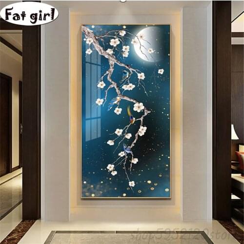 Full Drill Square Round Diamond Painting"Happy to the plum shoots" flower Art Magpie 5D Diy Embroidery Kits Mosaic large decor