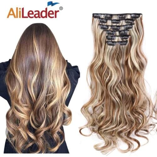 Alileader 22"Synthetic Long Curly Hair Heat Resistant Light Brown Gray Blond Thick Women Hair Extension Set Clip In Ombre Hair