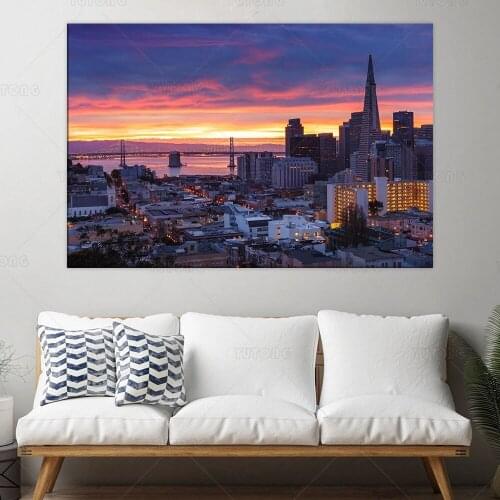 San Francisco California Bay Bridge Downtown Buildings at Dawn Sunrise Orange Purple Sky Landscape Wall Decor Art Print Poster